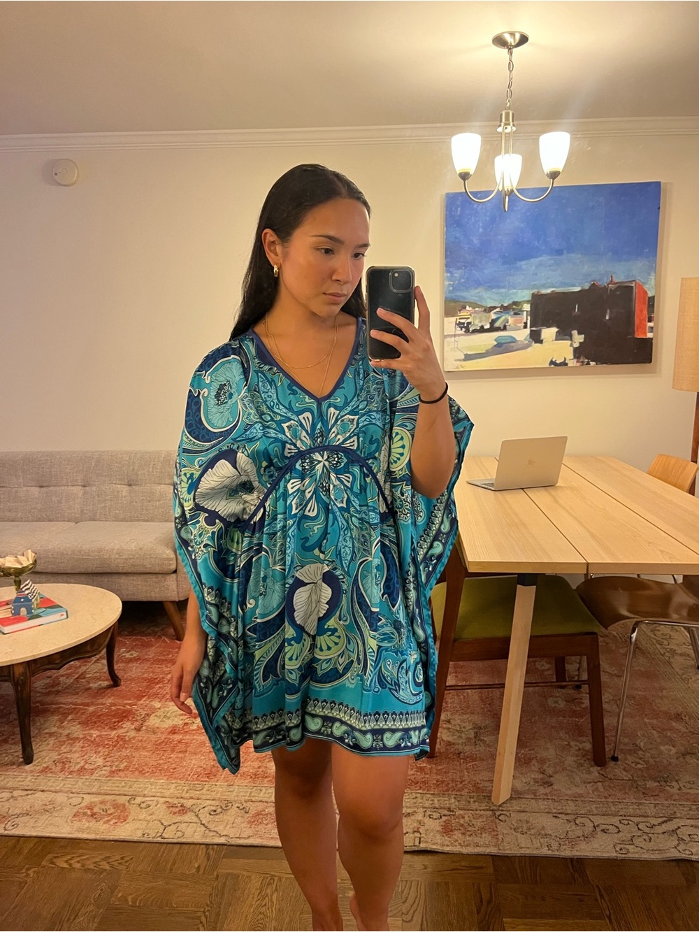Blue Teal Paisley V-Neck Tunic Dress